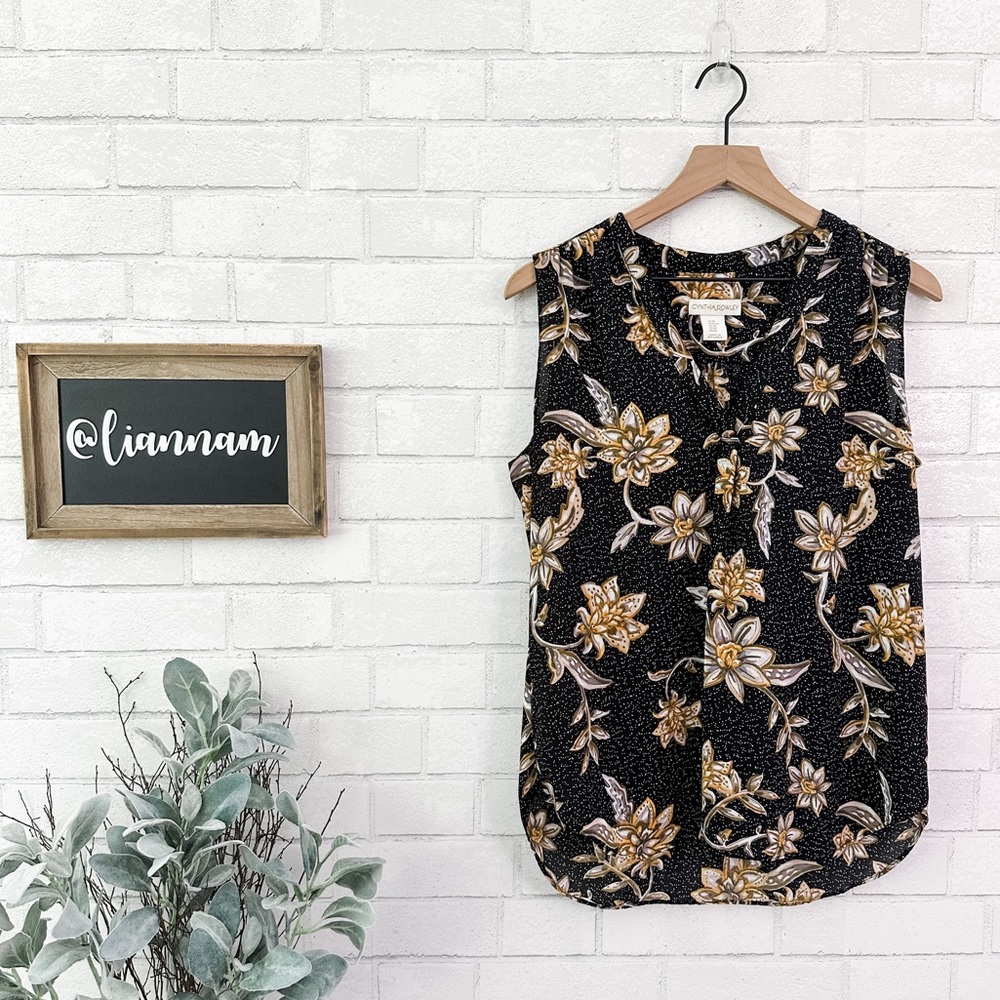 CYNTHIA ROWLEY Black Polkadot Flowered Sleeveless Top